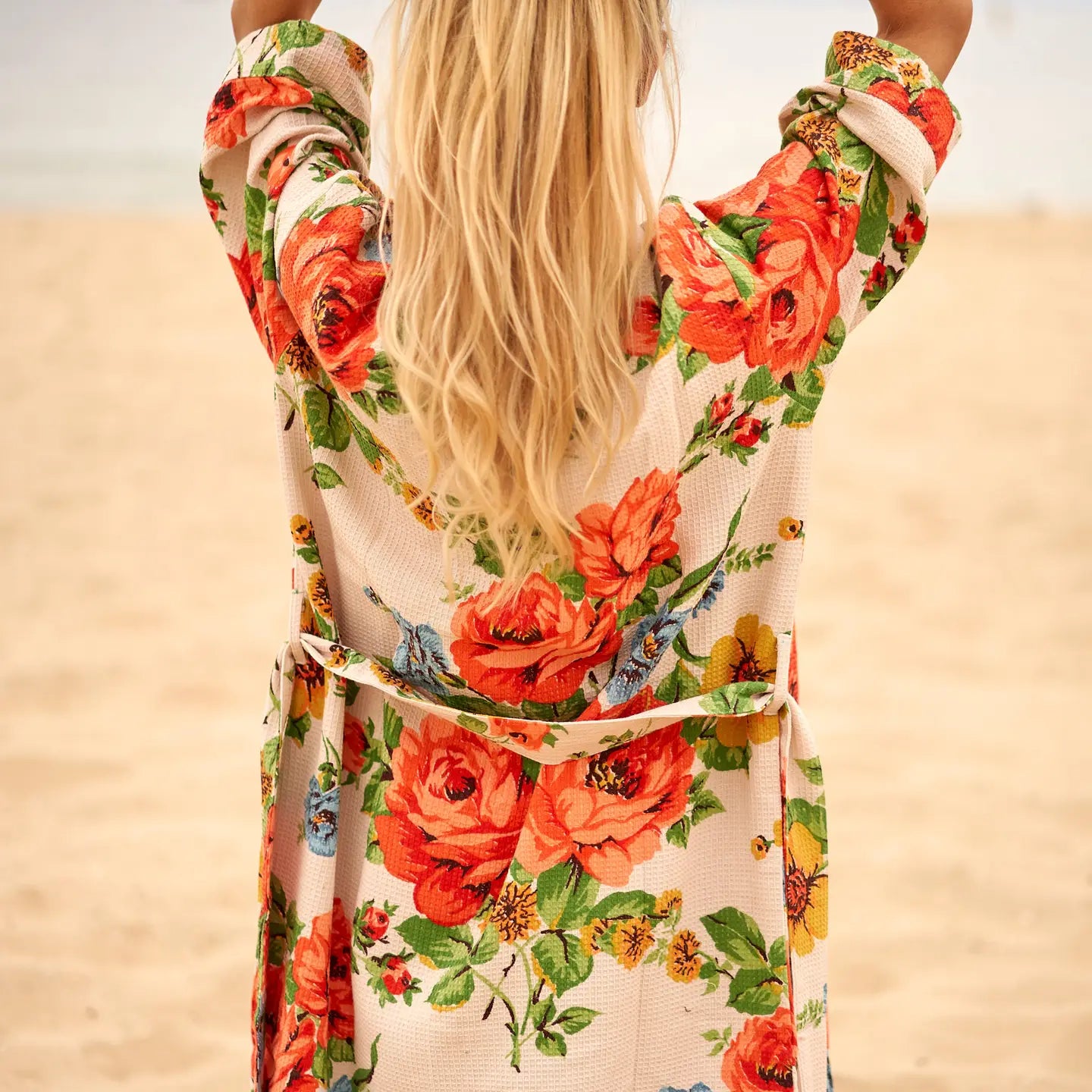 Cream Floral Print Waffle Robe