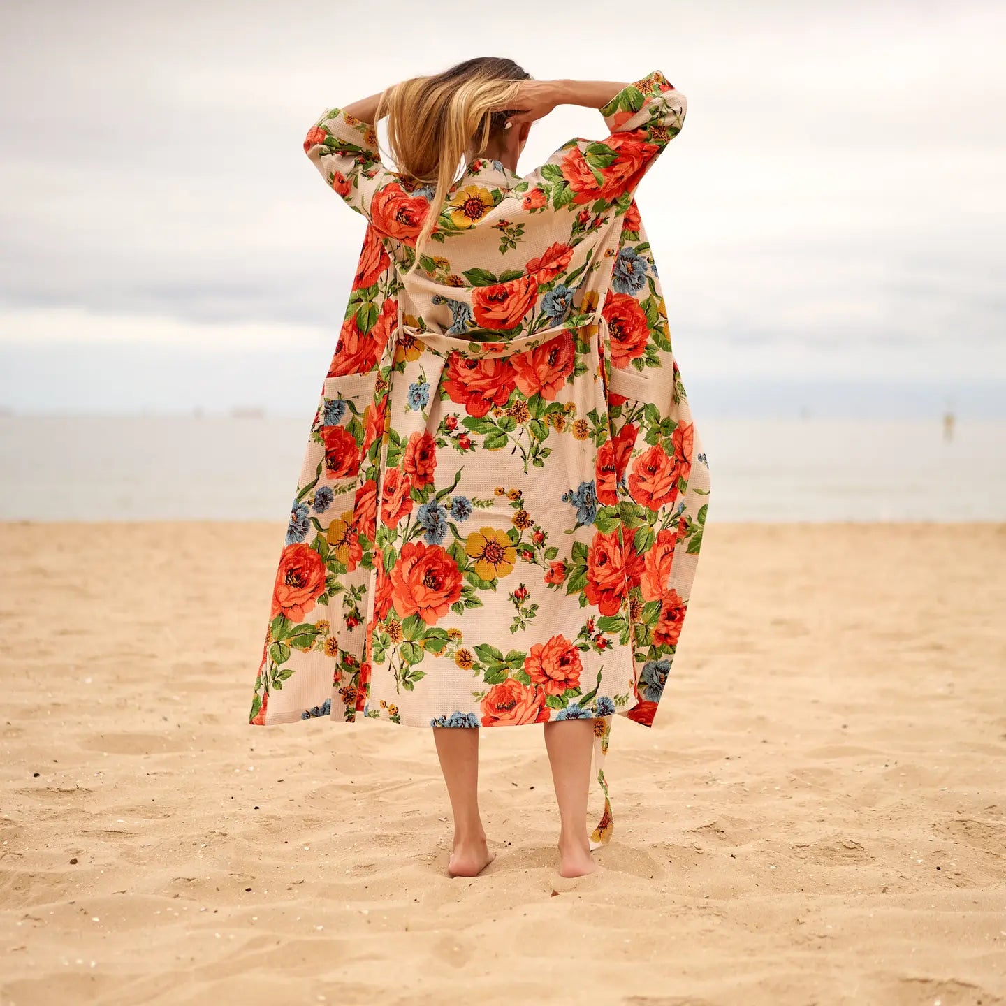 Cream Floral Print Waffle Robe