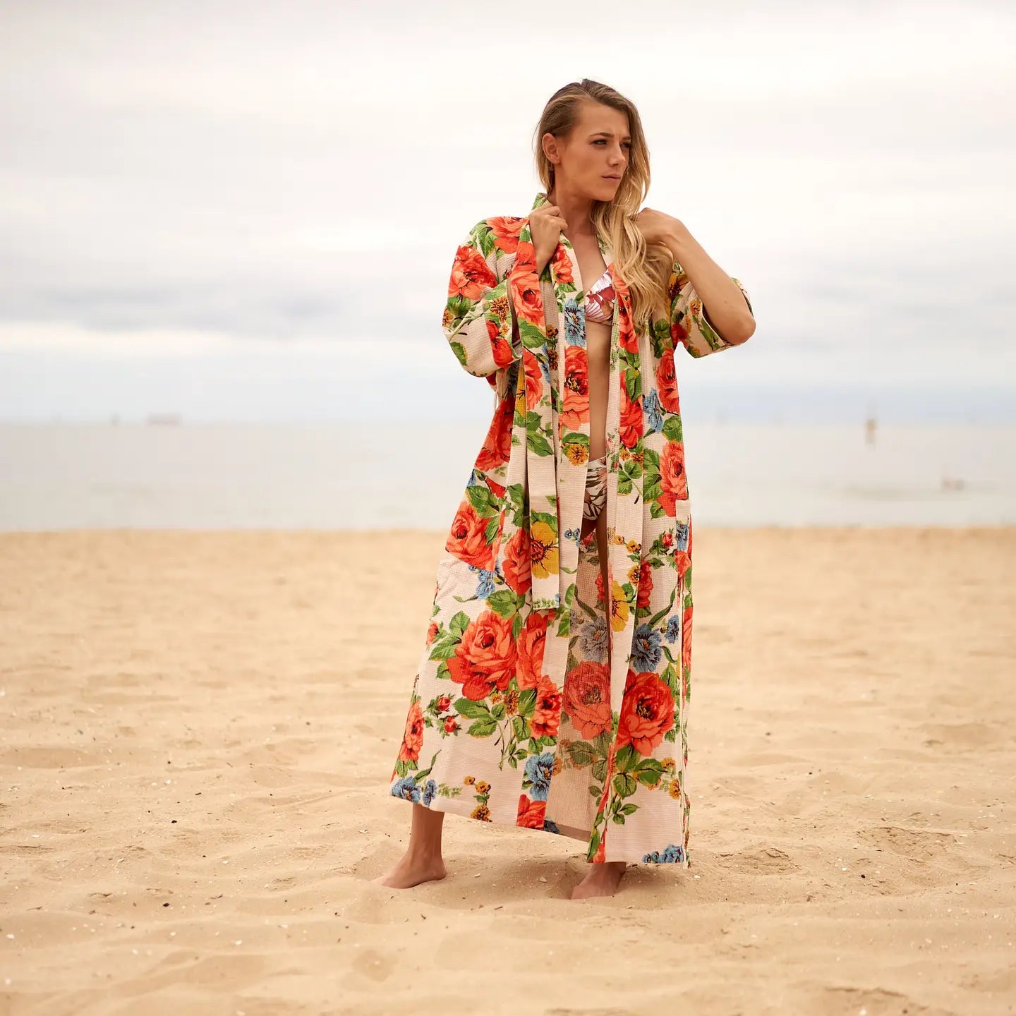Cream Floral Print Waffle Robe
