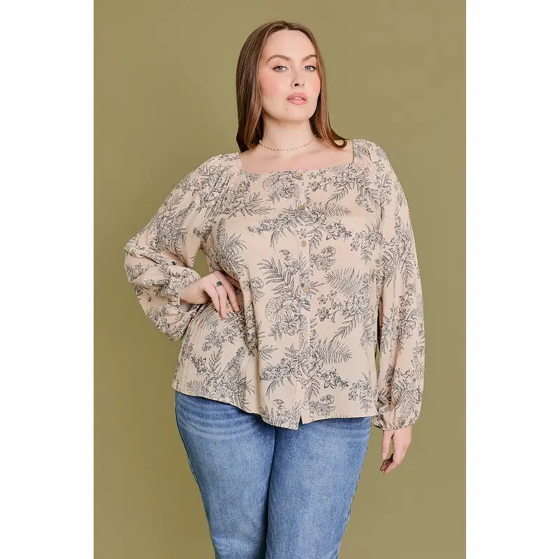 Taupe Floral Wide Sleeve Blouse