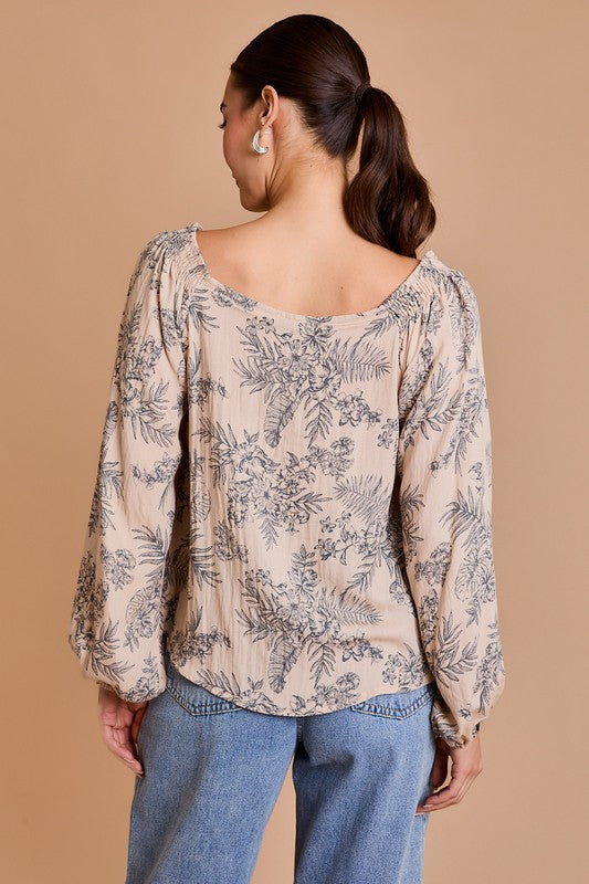 Taupe Floral Wide Sleeve Blouse