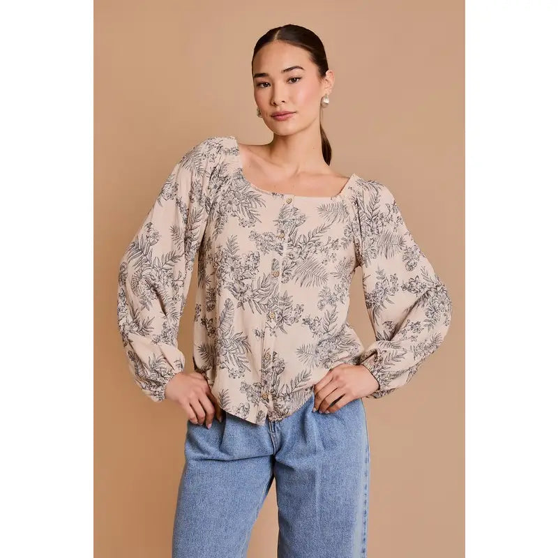 Taupe Floral Wide Sleeve Blouse